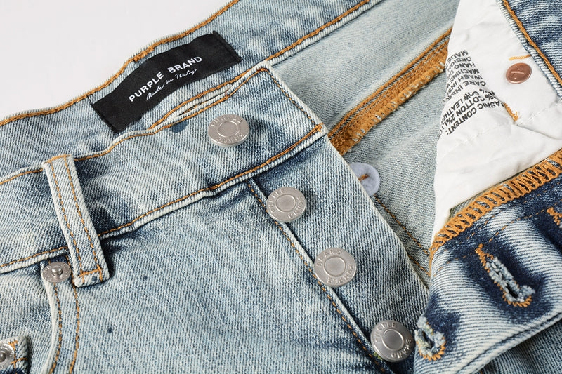 Men Streetwear Denim Shorts Light Blue Wash with Colorful Paint Splashes and Distressed Raw Hem 5071