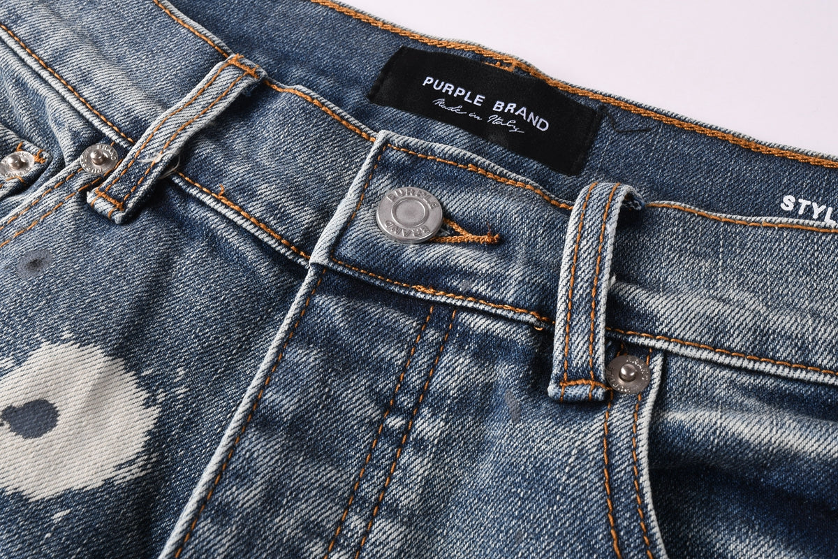 Men Streetwear Denim Shorts Light Blue Wash with Large White Paint Splashes and Speckles 5092