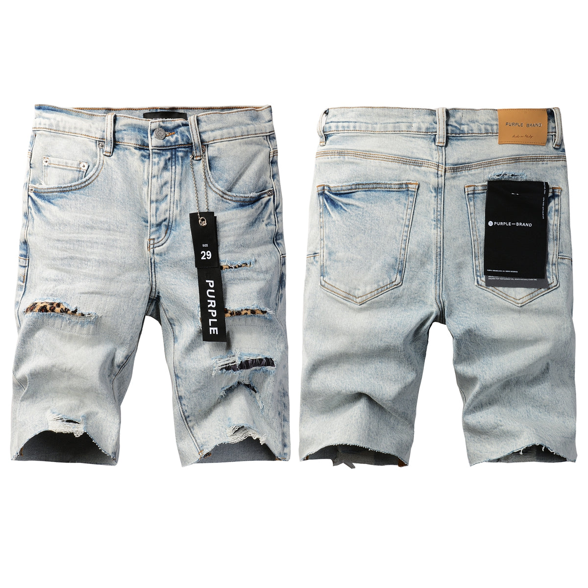 Men Streetwear Denim Shorts Light Blue Wash with Leopard Print Patched Rips 5087