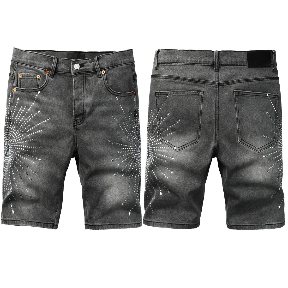 Men Streetwear Grey Denim Shorts with Radial Rhinestone Burst Patterns 5094