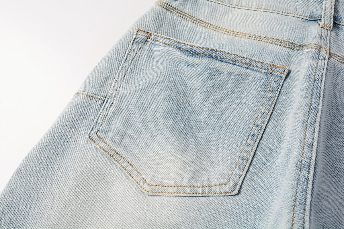 Men Streetwear Denim Shorts Light Blue Wash with Side Zipper and Distressed Raw Hem 5086