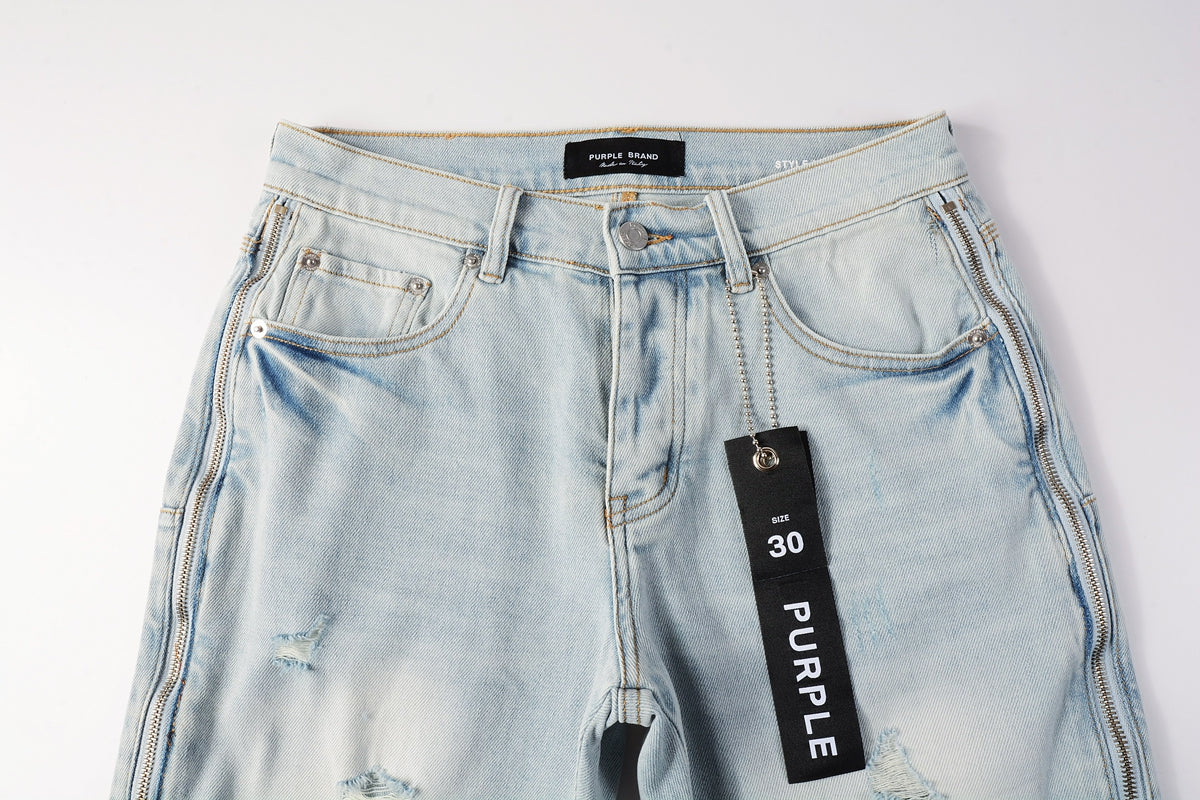 Men Streetwear Denim Shorts Light Blue Wash with Side Zipper and Distressed Raw Hem 5086