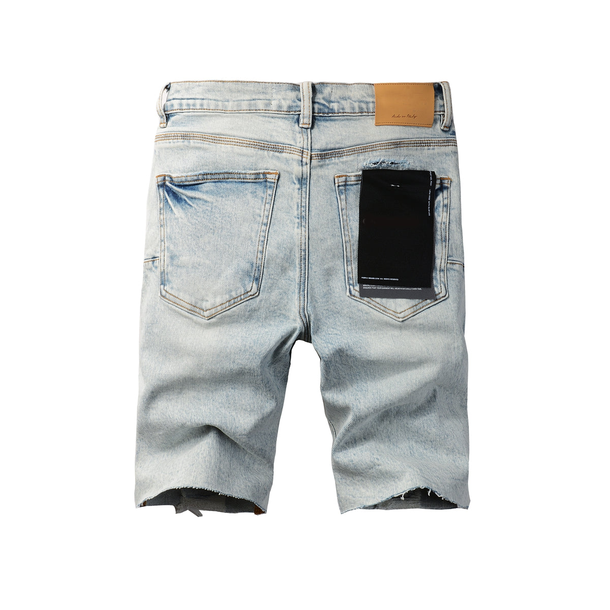 Men Streetwear Denim Shorts Light Blue Wash with Leopard Print Patched Rips 5087
