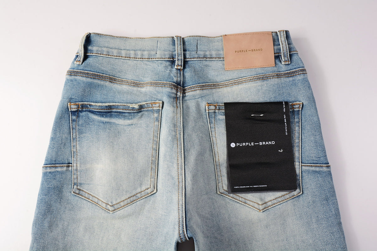 Men Streetwear Denim Shorts Light Blue Wash with Raw Hem and Vintage Finish 5016
