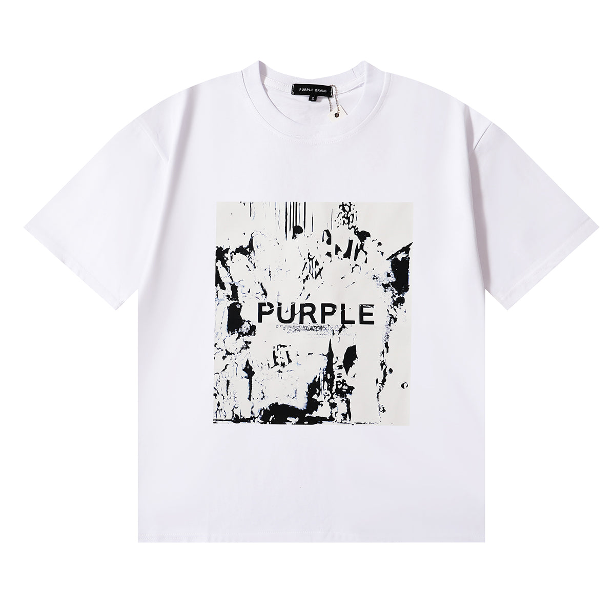 Men Streetwear Short Sleeve Tee Black & White with Purple Brand Abstract Figure Print