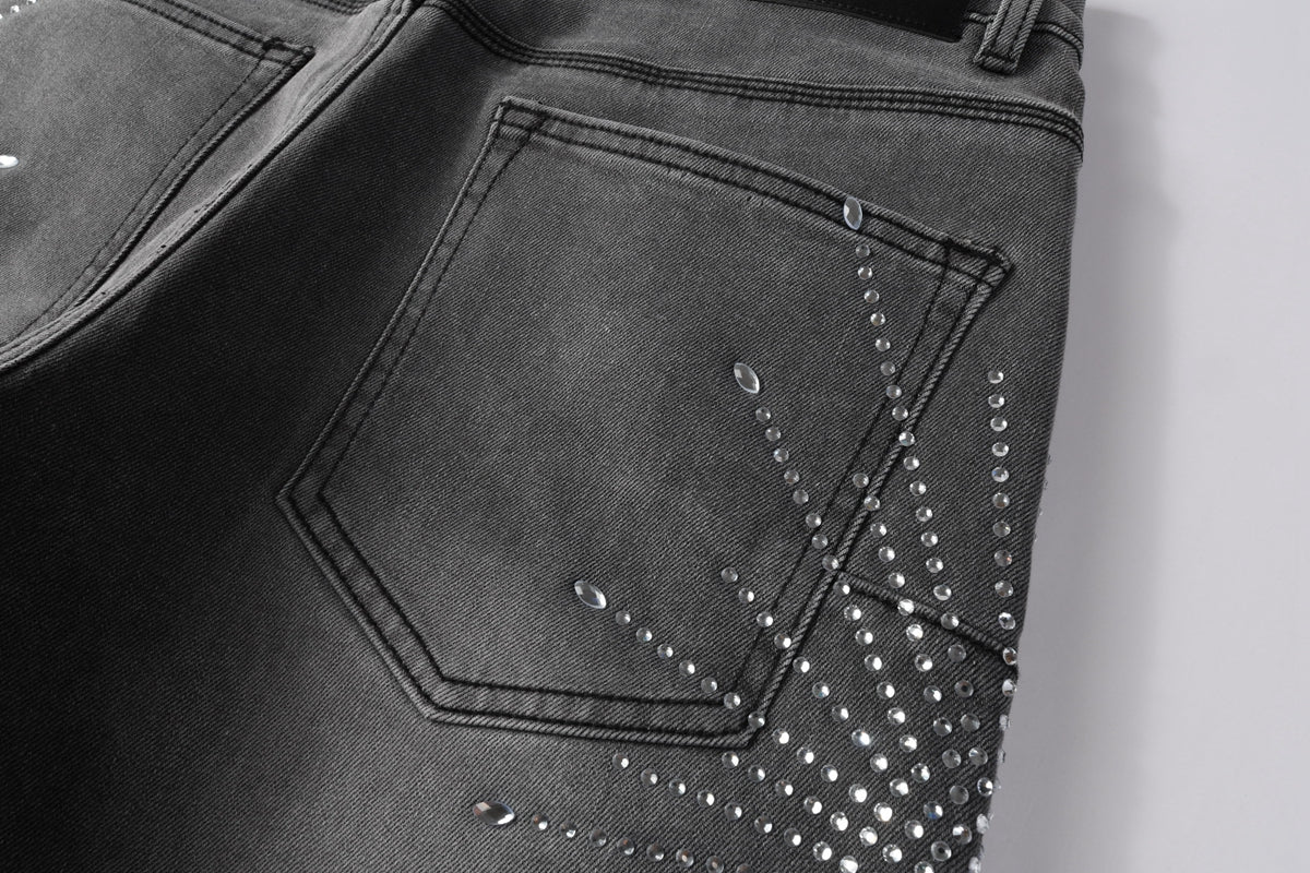 Men Streetwear Grey Denim Shorts with Radial Rhinestone Burst Patterns 5094