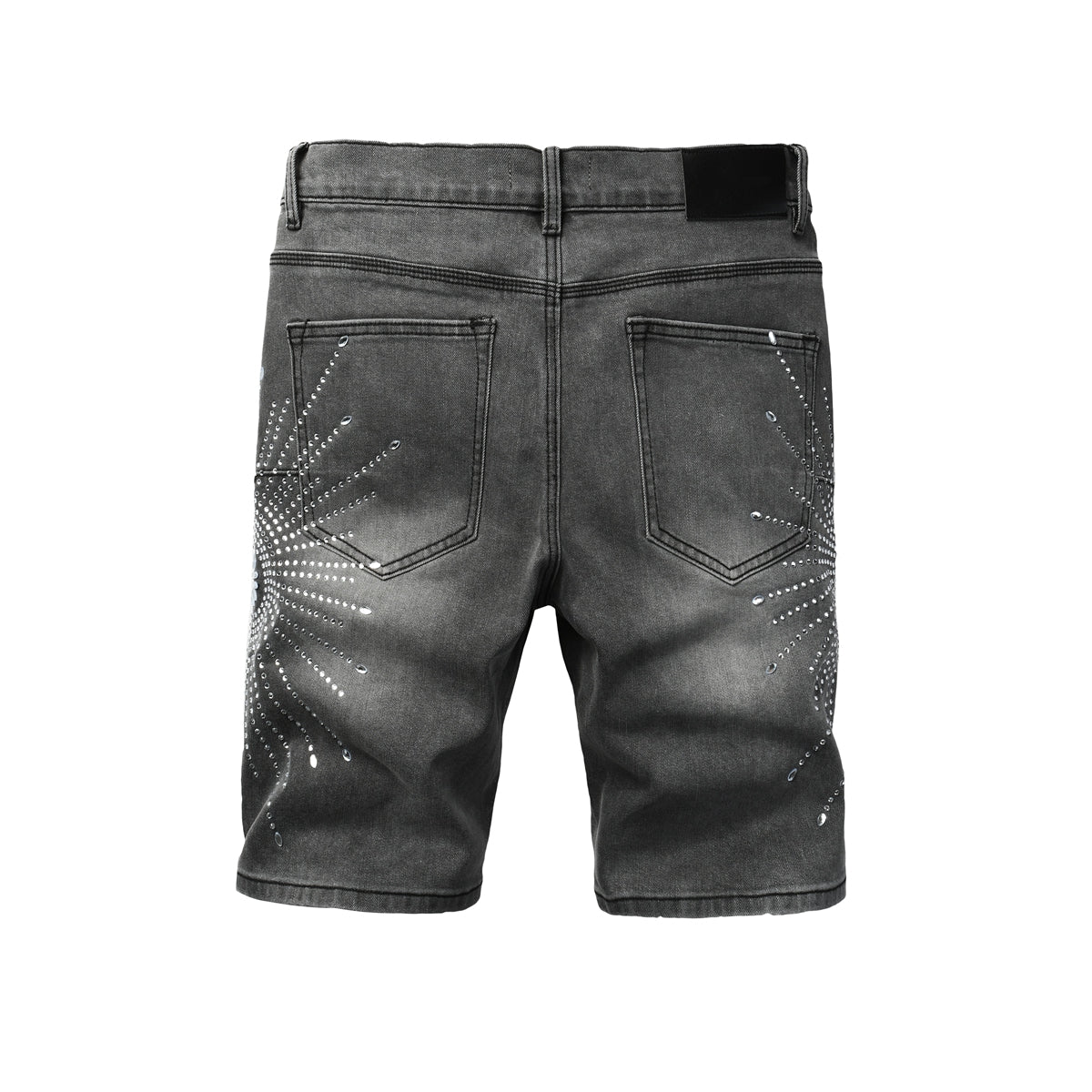 Men Streetwear Grey Denim Shorts with Radial Rhinestone Burst Patterns 5094