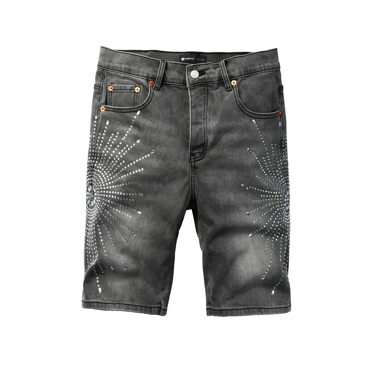 Men Streetwear Grey Denim Shorts with Radial Rhinestone Burst Patterns 5094