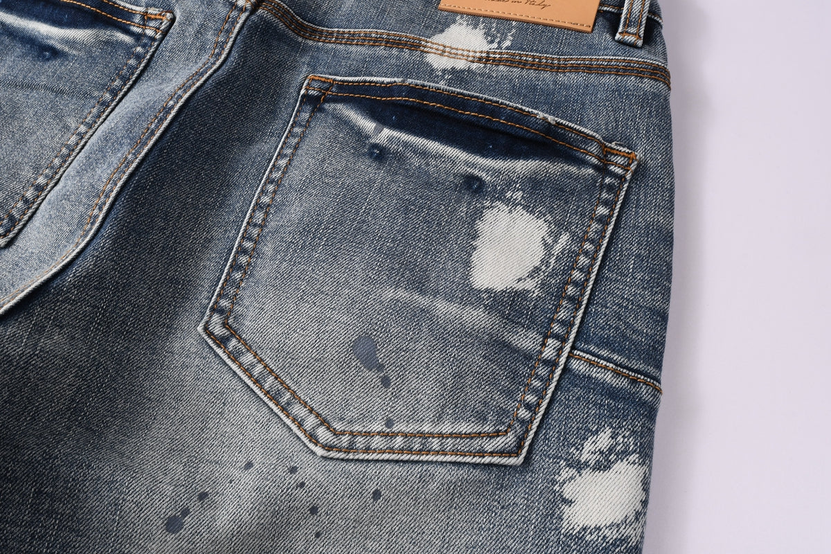 Men Streetwear Denim Shorts Light Blue Wash with Large White Paint Splashes and Speckles 5092