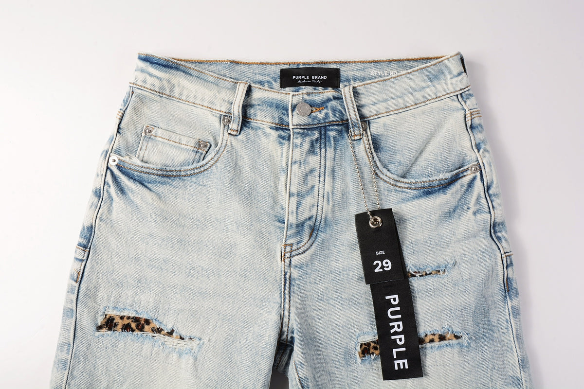 Men Streetwear Denim Shorts Light Blue Wash with Leopard Print Patched Rips 5087