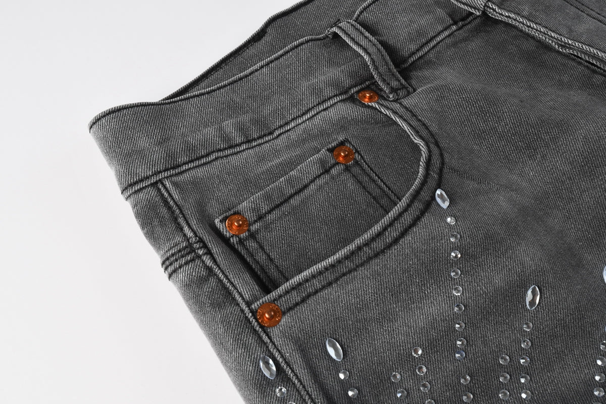 Men Streetwear Grey Denim Shorts with Radial Rhinestone Burst Patterns 5094