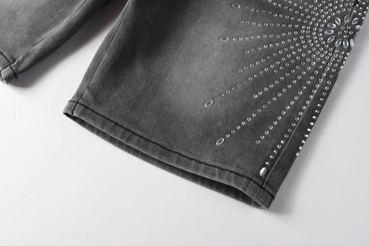 Men Streetwear Grey Denim Shorts with Radial Rhinestone Burst Patterns 5094