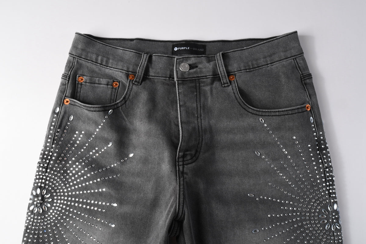 Men Streetwear Grey Denim Shorts with Radial Rhinestone Burst Patterns 5094
