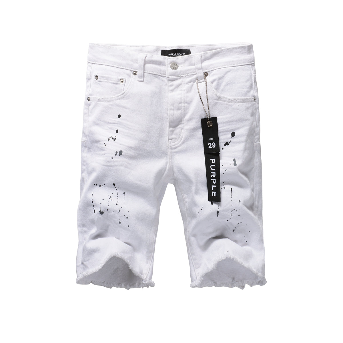 Men Streetwear Denim Shorts White Wash with Black Paint Splatter Print and Raw Hem 5021