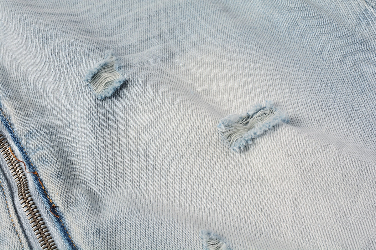 Men Streetwear Denim Shorts Light Blue Wash with Side Zipper and Distressed Raw Hem 5086
