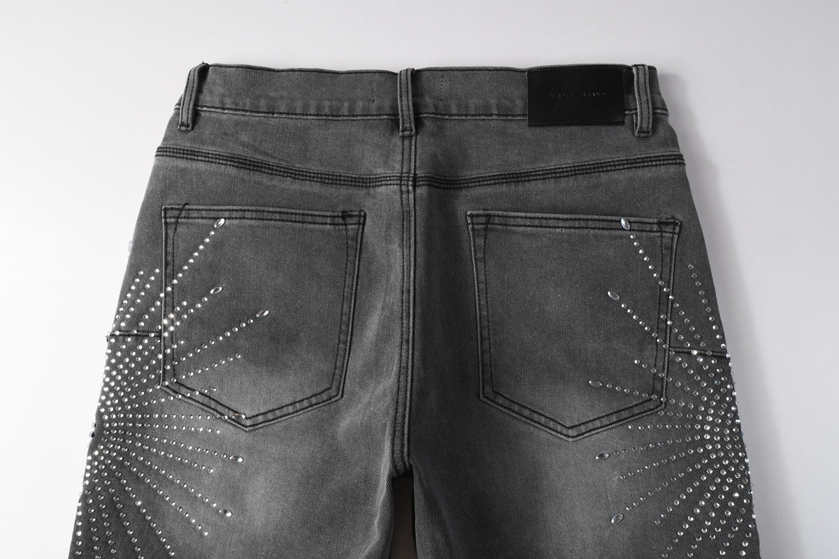 Men Streetwear Grey Denim Shorts with Radial Rhinestone Burst Patterns 5094