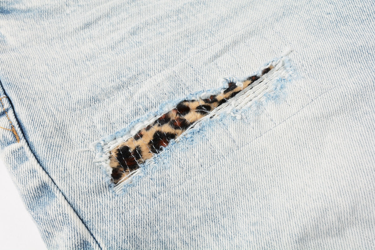 Men Streetwear Denim Shorts Light Blue Wash with Leopard Print Patched Rips 5087