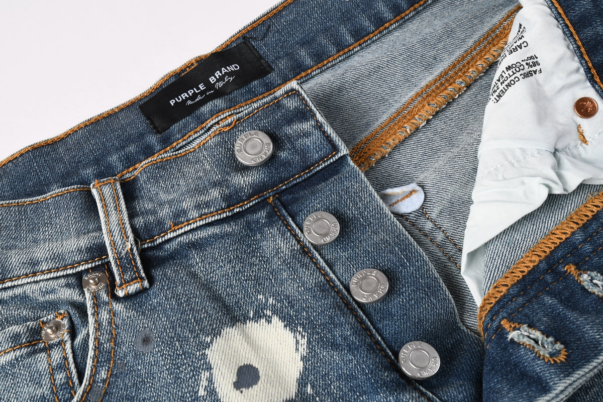 Men Streetwear Denim Shorts Light Blue Wash with Large White Paint Splashes and Speckles 5092