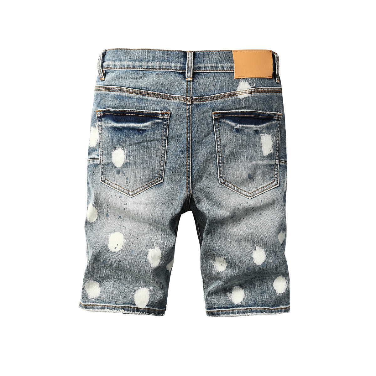 Men Streetwear Denim Shorts Light Blue Wash with Large White Paint Splashes and Speckles 5092