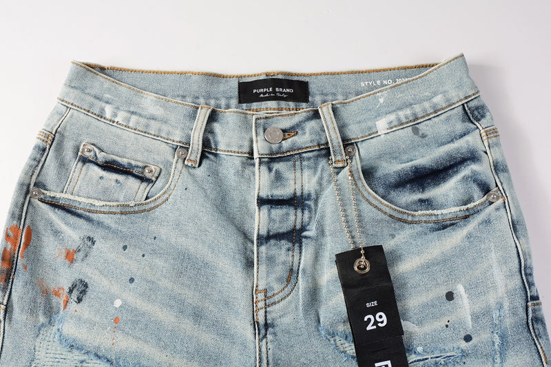 Men Streetwear Denim Shorts Light Blue Wash with Colorful Paint Splashes and Distressed Raw Hem 5071