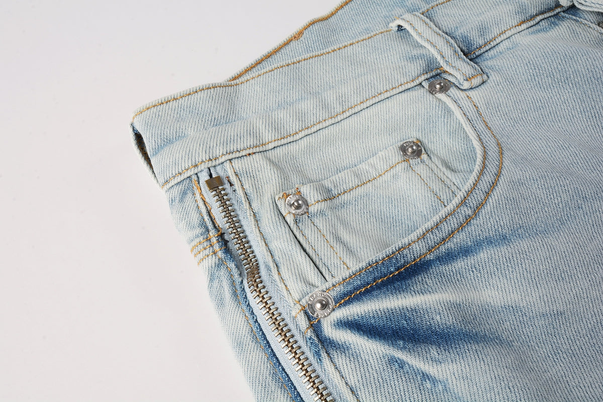 Men Streetwear Denim Shorts Light Blue Wash with Side Zipper and Distressed Raw Hem 5086