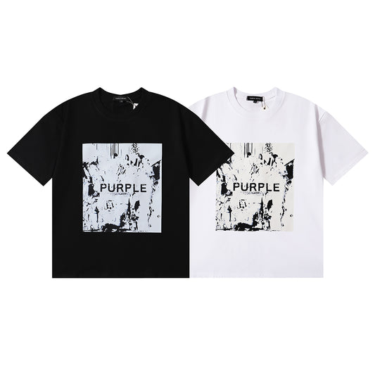 Men Streetwear Short Sleeve Tee Black & White with Purple Brand Abstract Figure Print
