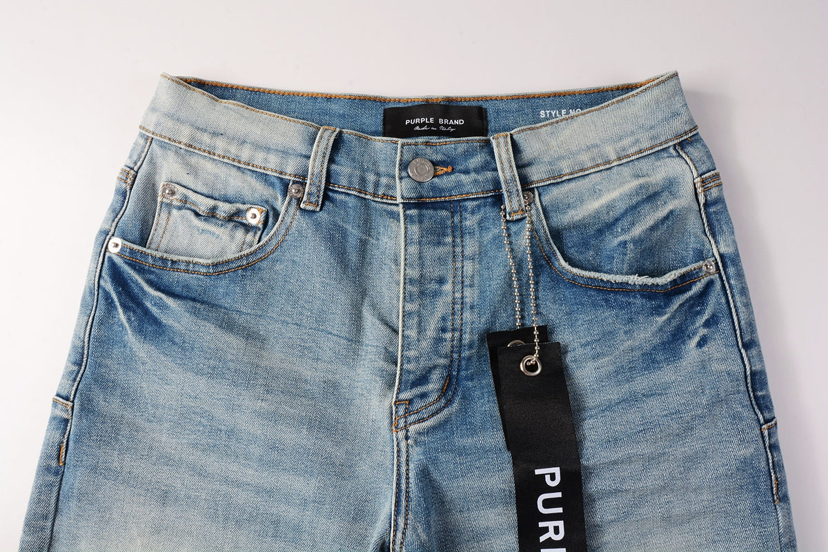 Men Streetwear Denim Shorts Light Blue Wash with Raw Hem and Vintage Finish 5016