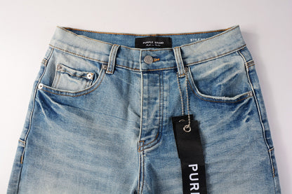Men Streetwear Denim Shorts Light Blue Wash with Raw Hem and Vintage Finish 5016