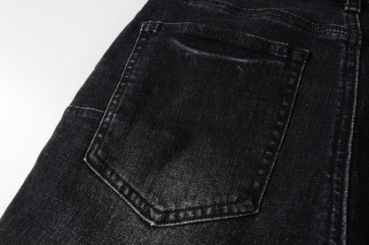 Men Streetwear Denim Shorts Black Wash with Colorful Feather Print and Raw Hem 5085