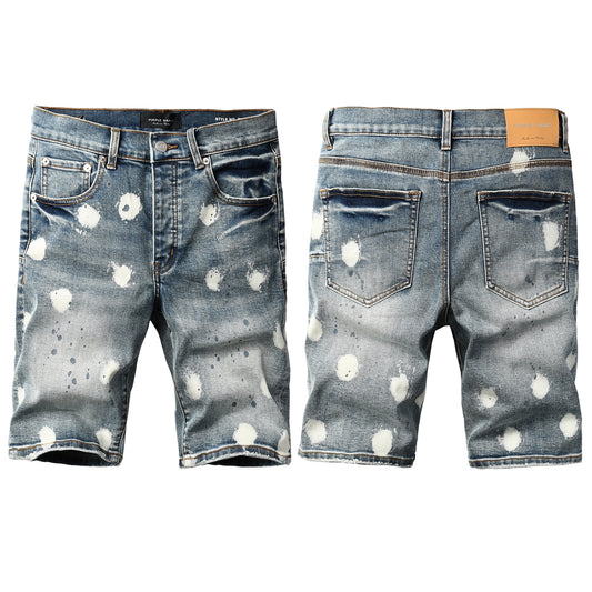 Men Streetwear Denim Shorts Light Blue Wash with Large White Paint Splashes and Speckles 5092
