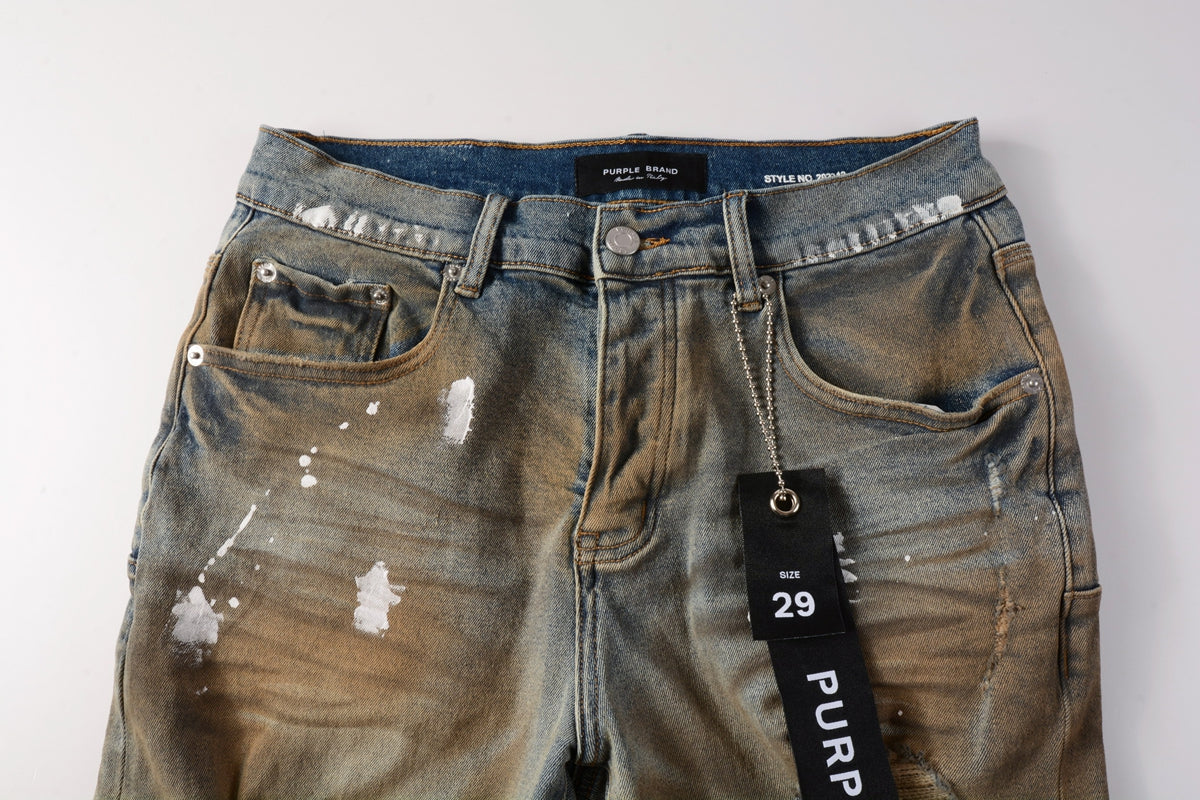 Men Streetwear Denim Shorts Brownish Wash with White Paint Splashes and Distressed Raw Hem 5012
