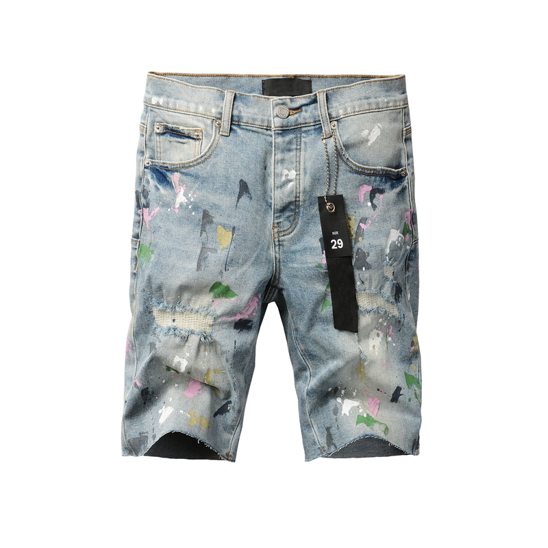 Men Streetwear Denim Shorts Light Blue Wash with Colorful Paint Splashes and Distressed Raw Hem 5066