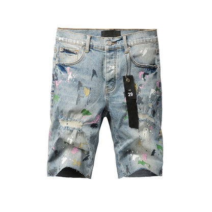 Men Streetwear Denim Shorts Light Blue Wash with Colorful Paint Splashes and Distressed Raw Hem 5066