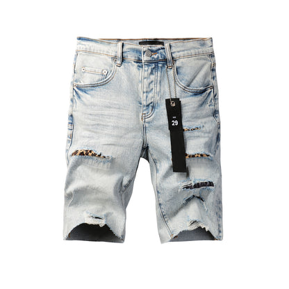 Men Streetwear Denim Shorts Light Blue Wash with Leopard Print Patched Rips 5087