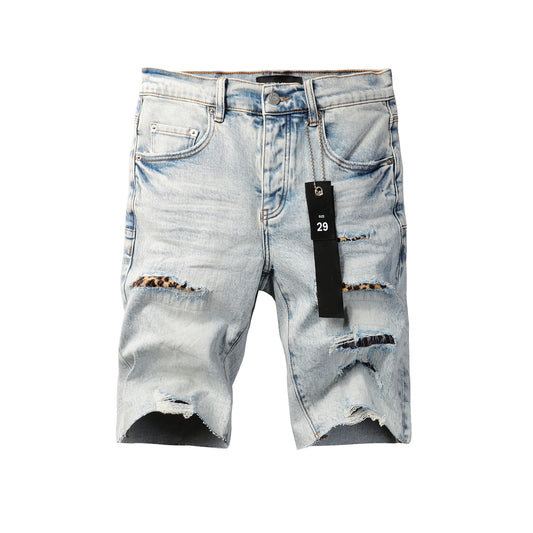 Men Streetwear Denim Shorts Light Blue Wash with Leopard Print Patched Rips 5087