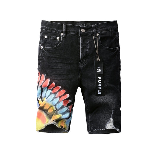 Men Streetwear Denim Shorts Black Wash with Colorful Feather Print and Raw Hem 5085