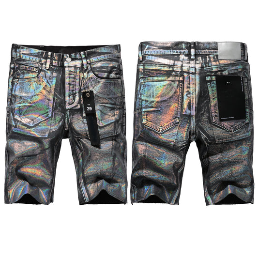 Men Streetwear Denim Shorts Black Wash with Holographic Reflective Finish and Raw Hem 5028