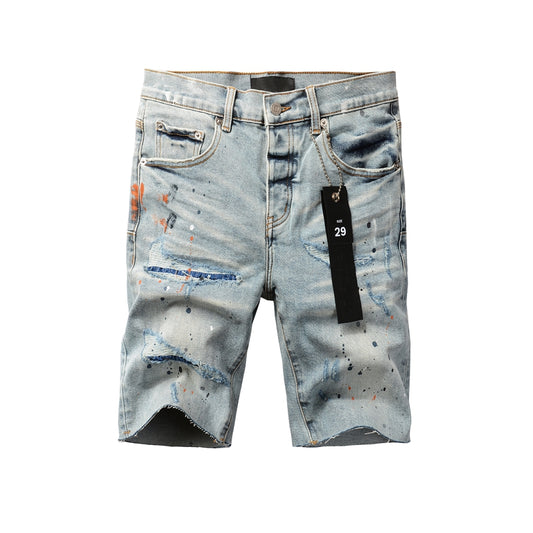 Men Streetwear Denim Shorts Light Blue Wash with Colorful Paint Splashes and Distressed Raw Hem 5071