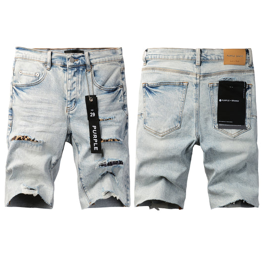 Men Streetwear Denim Shorts Light Blue Wash with Leopard Print Patched Rips 5087