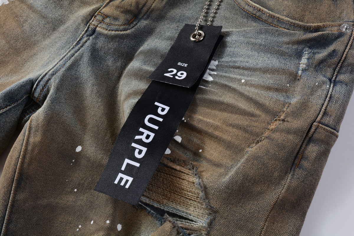 Men Streetwear Denim Shorts Brownish Wash with White Paint Splashes and Distressed Raw Hem 5012