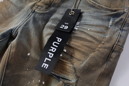 Men Streetwear Denim Shorts Brownish Wash with White Paint Splashes and Distressed Raw Hem 5012