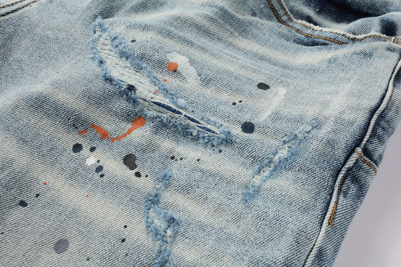 Men Streetwear Denim Shorts Light Blue Wash with Colorful Paint Splashes and Distressed Raw Hem 5071