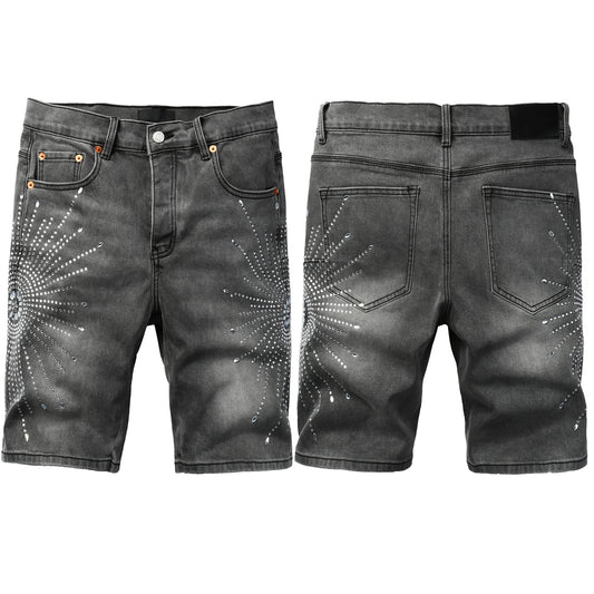 Men Streetwear Grey Denim Shorts with Radial Rhinestone Burst Patterns 5094