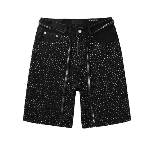 Men Streetwear Black Denim Shorts with Allover Rhinestone Studs and Zipper Details 5095