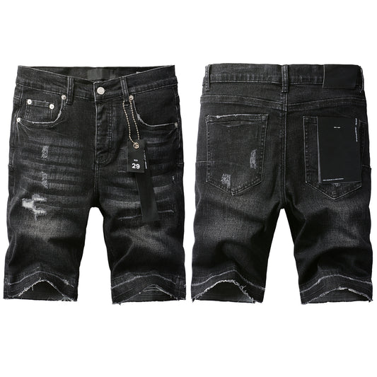 Men Streetwear Denim Shorts Black Wash with Distressed Rips and Raw Hem 5083