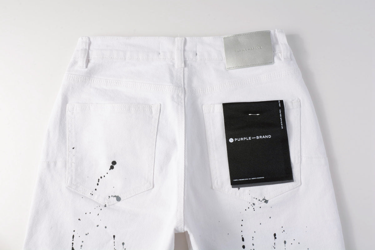 Men Streetwear Denim Shorts White Wash with Black Paint Splatter Print and Raw Hem 5021
