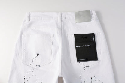 Men Streetwear Denim Shorts White Wash with Black Paint Splatter Print and Raw Hem 5021