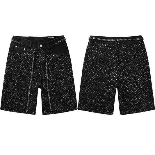 Men Streetwear Black Denim Shorts with Allover Rhinestone Studs and Zipper Details 5095