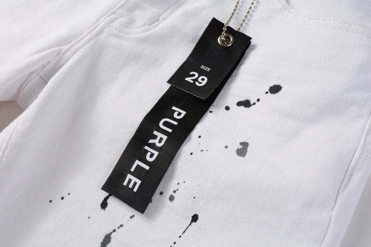 Men Streetwear Denim Shorts White Wash with Black Paint Splatter Print and Raw Hem 5021