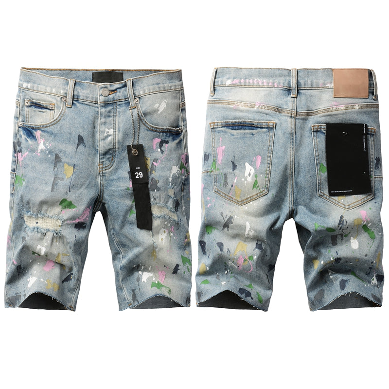 Men Streetwear Denim Shorts Light Blue Wash with Colorful Paint Splashes and Distressed Raw Hem 5066